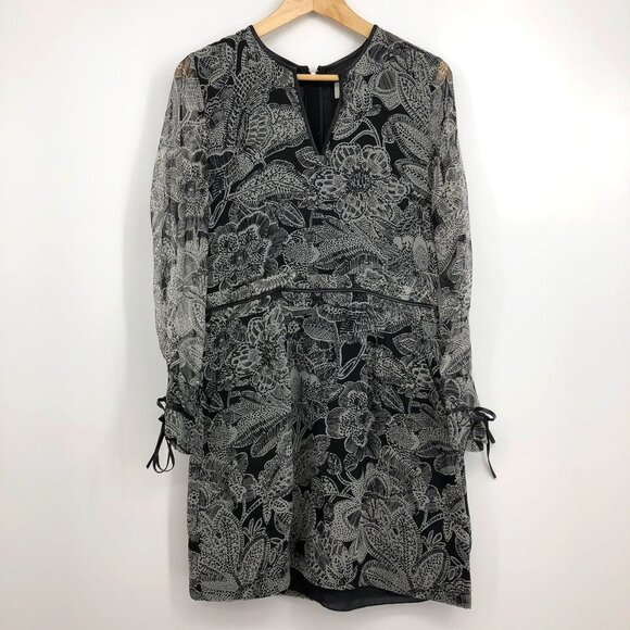 Veronica Beard Black and White Chiffon sheer Long Sleeve floral Silk Mini dress - Picture 16 of 16